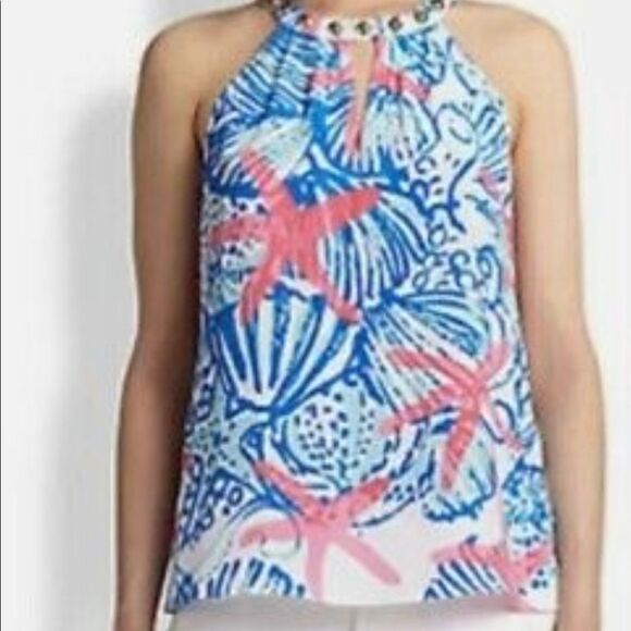 Beautiful Lilly Pulitzer Rogan Resort White She She Shells Silk Top Starfish sz - Picture 1 of 6